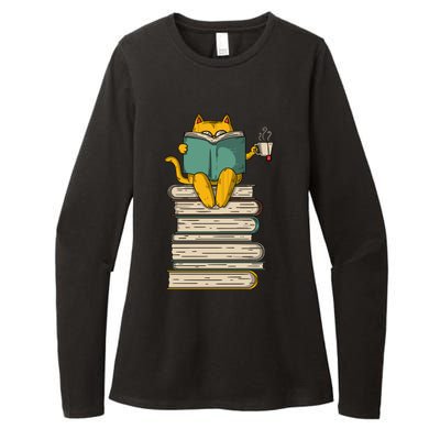 Reading Cat Funny Book & Tea Lover Gift Womens CVC Long Sleeve Shirt