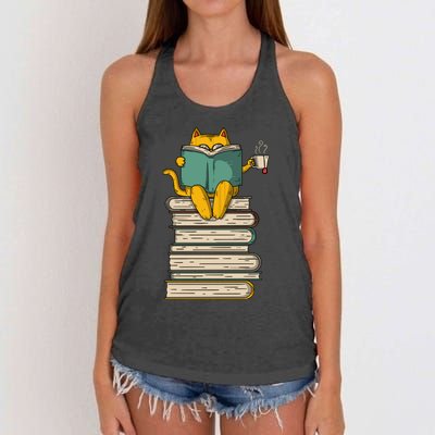 Reading Cat Funny Book & Tea Lover Gift Women's Knotted Racerback Tank