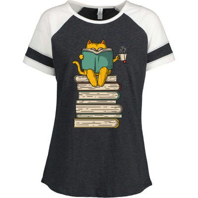 Reading Cat Funny Book & Tea Lover Gift Enza Ladies Jersey Colorblock Tee