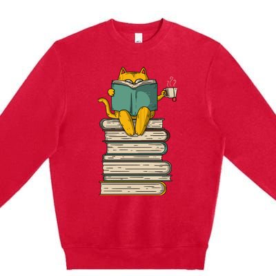 Reading Cat Funny Book & Tea Lover Gift Premium Crewneck Sweatshirt