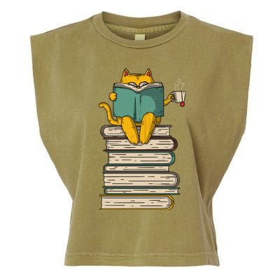 Reading Cat Funny Book & Tea Lover Gift Garment-Dyed Women's Muscle Tee