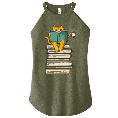 Reading Cat Funny Book & Tea Lover Gift Women's Perfect Tri Rocker Tank