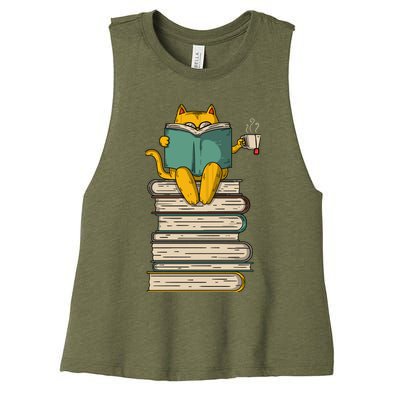 Reading Cat Funny Book & Tea Lover Gift Women's Racerback Cropped Tank