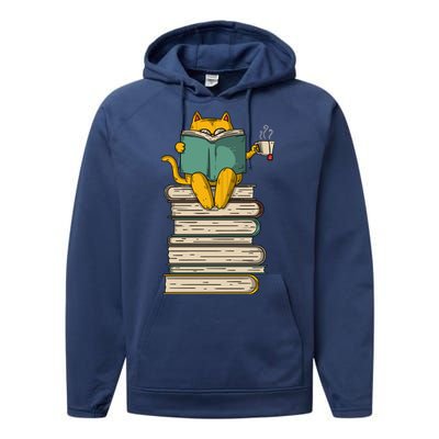 Reading Cat Funny Book & Tea Lover Gift Performance Fleece Hoodie