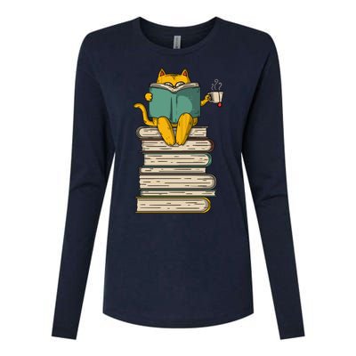 Reading Cat Funny Book & Tea Lover Gift Womens Cotton Relaxed Long Sleeve T-Shirt