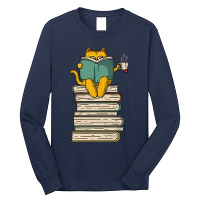 Reading Cat Funny Book & Tea Lover Gift Long Sleeve Shirt