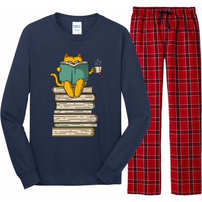 Reading Cat Funny Book & Tea Lover Gift Long Sleeve Pajama Set