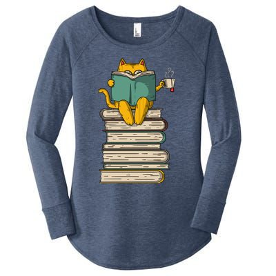 Reading Cat Funny Book & Tea Lover Gift Women's Perfect Tri Tunic Long Sleeve Shirt