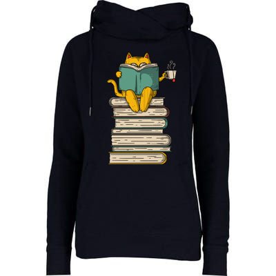 Reading Cat Funny Book & Tea Lover Gift Womens Funnel Neck Pullover Hood