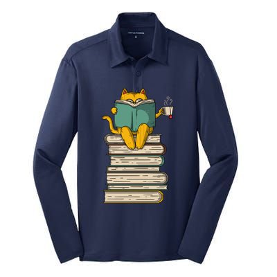 Reading Cat Funny Book & Tea Lover Gift Silk Touch Performance Long Sleeve Polo