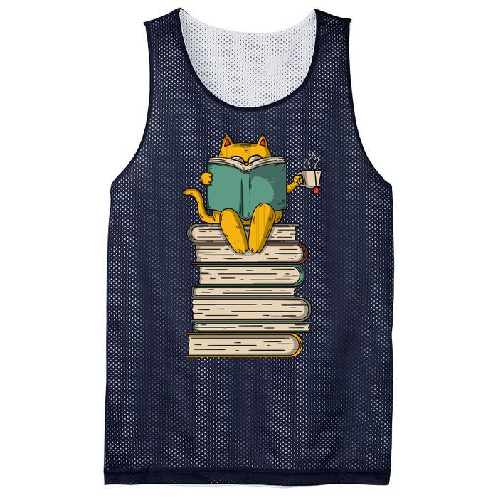 Reading Cat Funny Book & Tea Lover Gift Mesh Reversible Basketball Jersey Tank