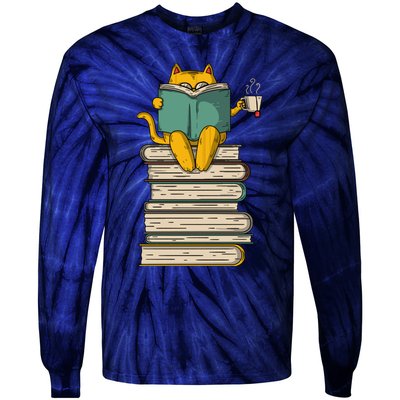 Reading Cat Funny Book & Tea Lover Gift Tie-Dye Long Sleeve Shirt