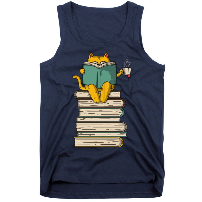 Reading Cat Funny Book & Tea Lover Gift Tank Top