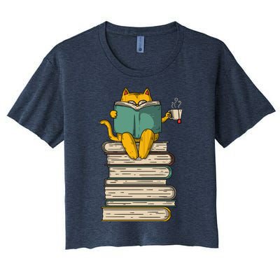 Reading Cat Funny Book & Tea Lover Gift Women's Crop Top Tee