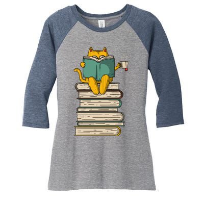 Reading Cat Funny Book & Tea Lover Gift Women's Tri-Blend 3/4-Sleeve Raglan Shirt