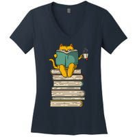 Reading Cat Funny Book & Tea Lover Gift Women's V-Neck T-Shirt