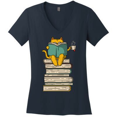 Reading Cat Funny Book & Tea Lover Gift Women's V-Neck T-Shirt