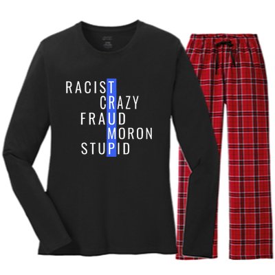 Racist Crazy Fraud Moron Stupid Trump Anti Trump Women's Long Sleeve Flannel Pajama Set 