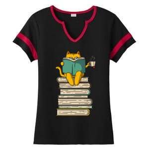 Reading Cat  Funny Book & Tea Lover Gift  Ladies Halftime Notch Neck Tee