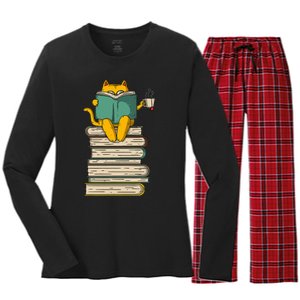 Reading Cat  Funny Book & Tea Lover Gift  Women's Long Sleeve Flannel Pajama Set 