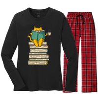 Reading Cat  Funny Book & Tea Lover Gift  Women's Long Sleeve Flannel Pajama Set 