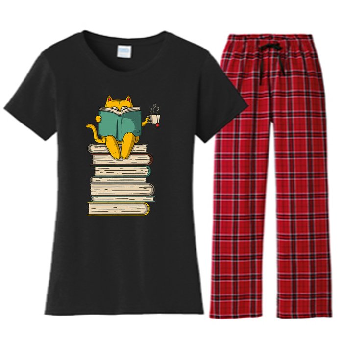 Reading Cat  Funny Book & Tea Lover Gift  Women's Flannel Pajama Set