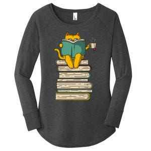 Reading Cat  Funny Book & Tea Lover Gift  Women's Perfect Tri Tunic Long Sleeve Shirt