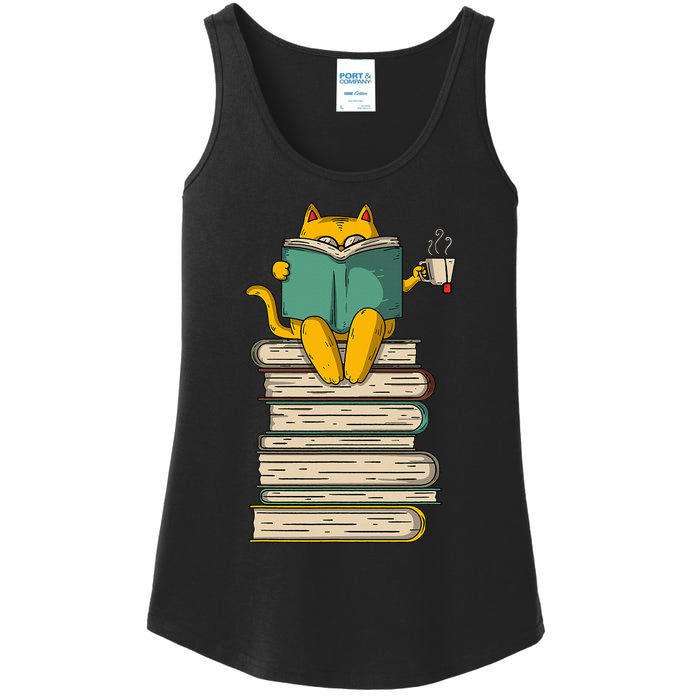 Reading Cat  Funny Book & Tea Lover Gift  Ladies Essential Tank