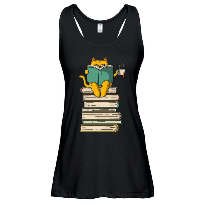 Reading Cat  Funny Book & Tea Lover Gift  Ladies Essential Flowy Tank