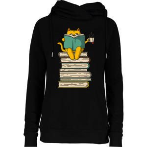 Reading Cat  Funny Book & Tea Lover Gift  Womens Funnel Neck Pullover Hood