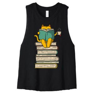 Reading Cat  Funny Book & Tea Lover Gift  Women's Racerback Cropped Tank