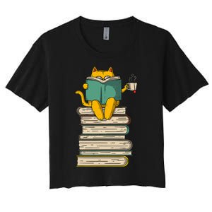 Reading Cat  Funny Book & Tea Lover Gift  Women's Crop Top Tee