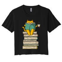 Reading Cat  Funny Book & Tea Lover Gift  Women's Crop Top Tee