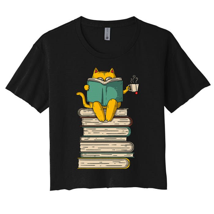 Reading Cat  Funny Book & Tea Lover Gift  Women's Crop Top Tee