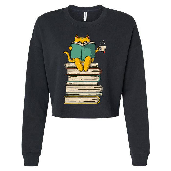 Reading Cat  Funny Book & Tea Lover Gift  Cropped Pullover Crew