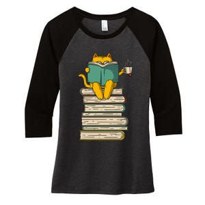 Reading Cat  Funny Book & Tea Lover Gift  Women's Tri-Blend 3/4-Sleeve Raglan Shirt