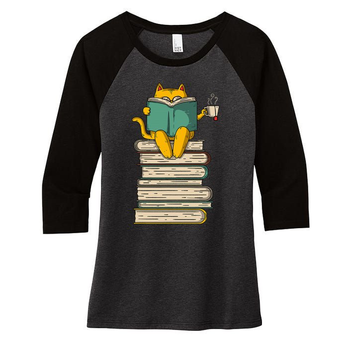 Reading Cat  Funny Book & Tea Lover Gift  Women's Tri-Blend 3/4-Sleeve Raglan Shirt