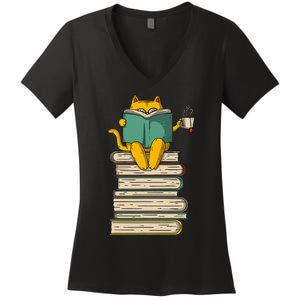 Reading Cat  Funny Book & Tea Lover Gift  Women's V-Neck T-Shirt