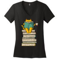 Reading Cat  Funny Book & Tea Lover Gift  Women's V-Neck T-Shirt