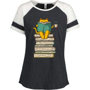 Reading Cat  Funny Book & Tea Lover Gift  Enza Ladies Jersey Colorblock Tee