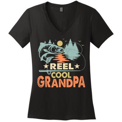 Reel Cool Grandpa Fishing Lover Vintage Father's Day Women's V-Neck T-Shirt