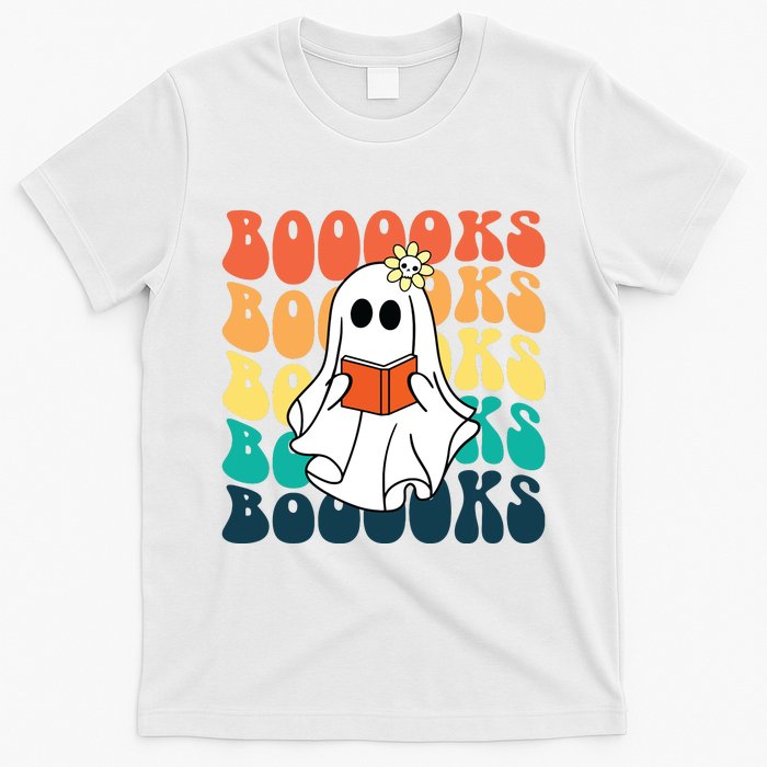 Retro Cute Ghost Book Reading Halloween Teacher T-Shirt