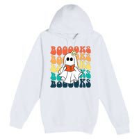 Retro Cute Ghost Book Reading Halloween Teacher Premium Pullover Hoodie