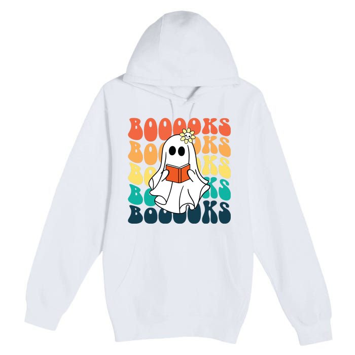 Retro Cute Ghost Book Reading Halloween Teacher Premium Pullover Hoodie