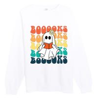 Retro Cute Ghost Book Reading Halloween Teacher Premium Crewneck Sweatshirt