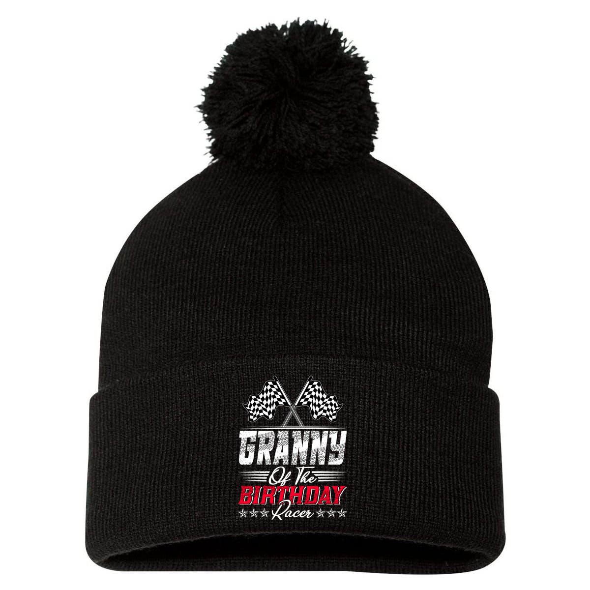 Race Car Granny Of The Birthday Racer Racing Family Pom Pom 12in Knit Beanie