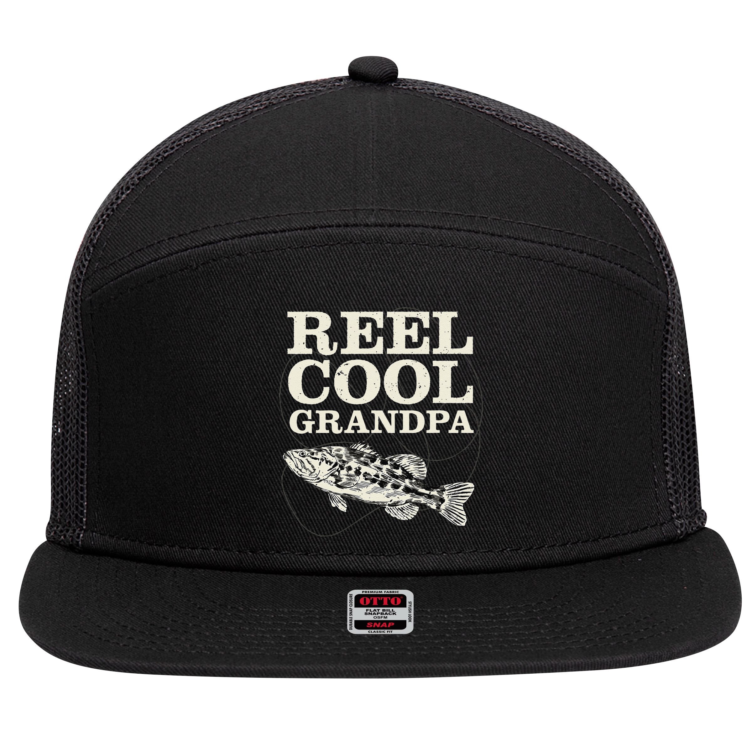 Reel Cool Grandpa Fly Fishing Walleye Fishing Pole Grandpa 7 Panel Mesh Trucker Snapback Hat