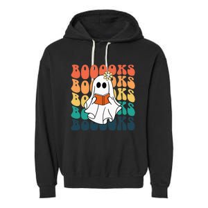 Retro Cute Ghost Book Reading Halloween Teacher Garment-Dyed Fleece Hoodie