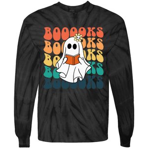 Retro Cute Ghost Book Reading Halloween Teacher Tie-Dye Long Sleeve Shirt