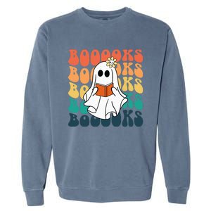 Retro Cute Ghost Book Reading Halloween Teacher Garment-Dyed Sweatshirt